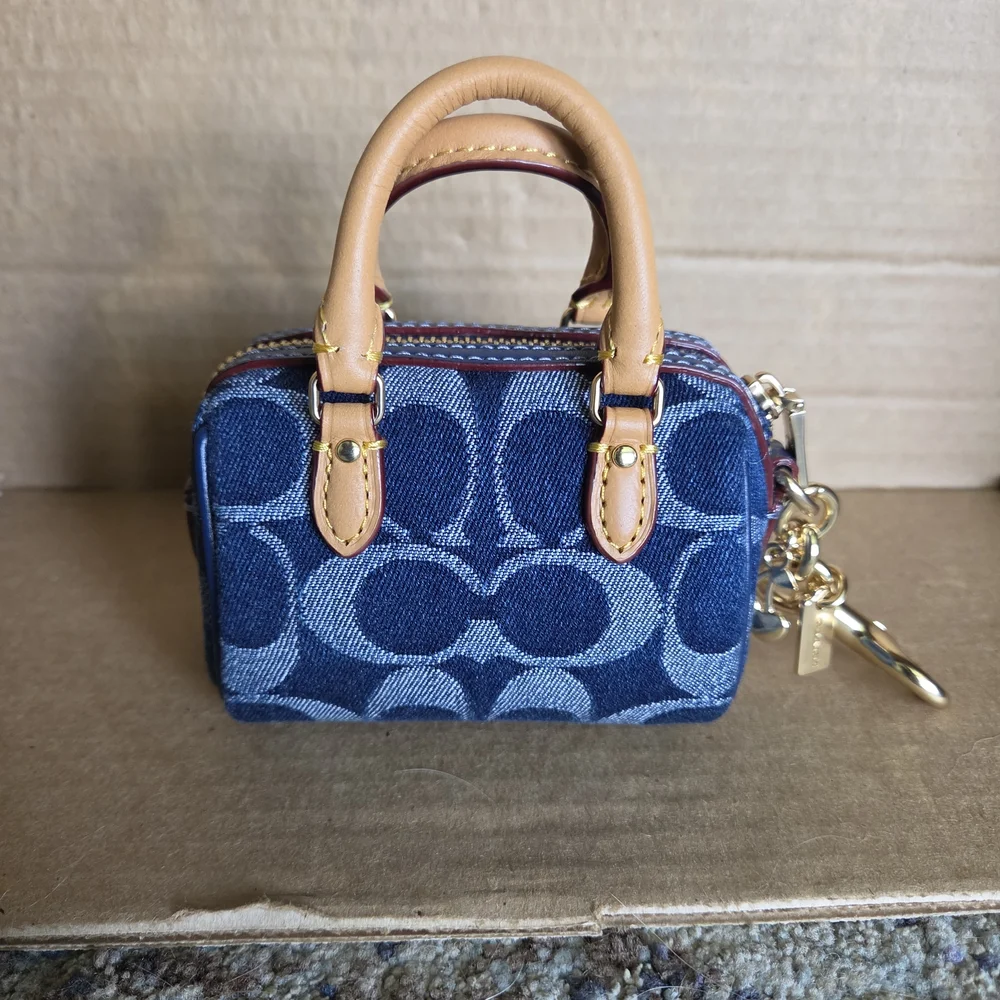COACH Denim Signature Mini Rowan Keychain Bag Charm - Picture 5 of 11